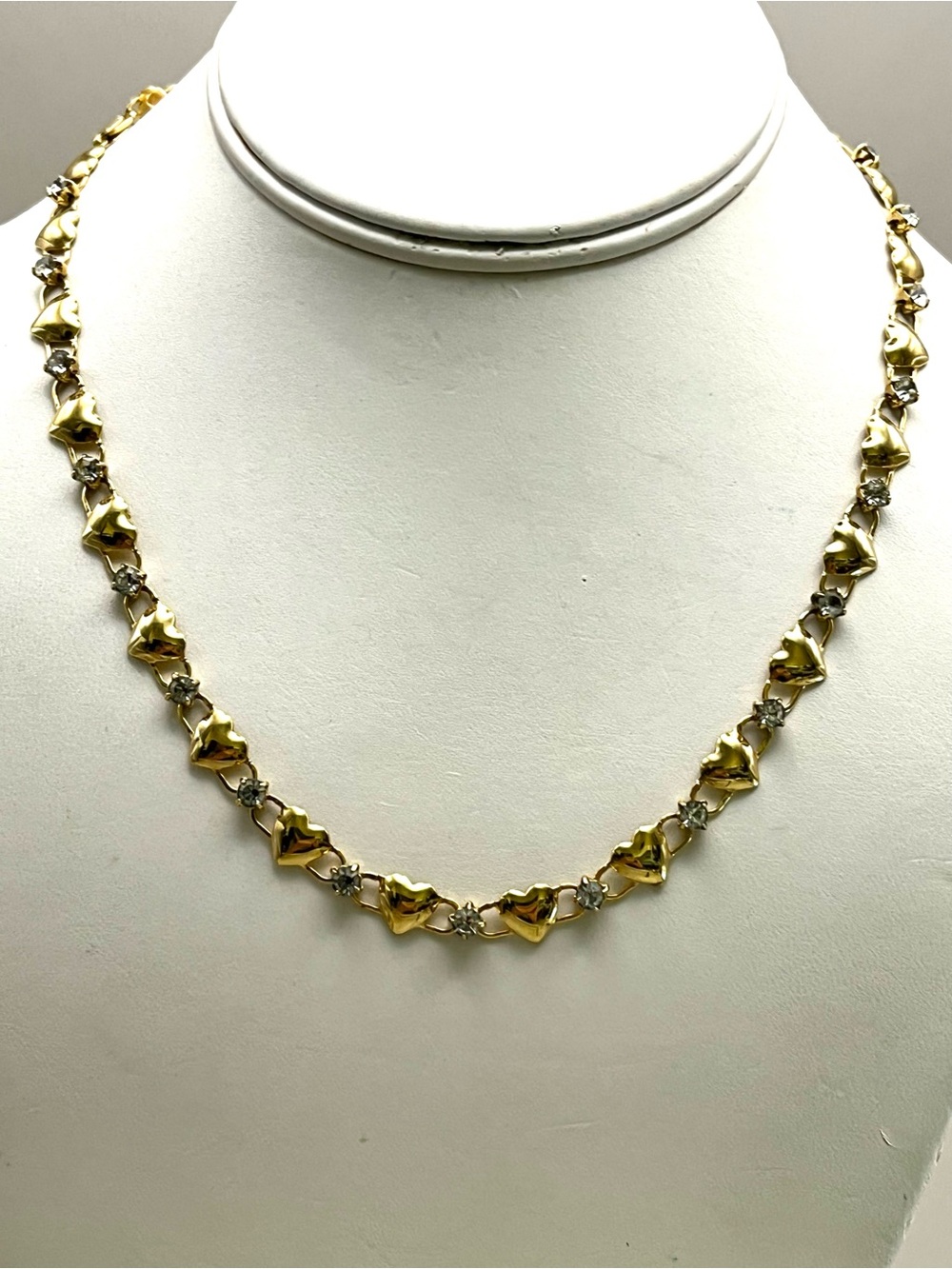 Vintage Gold Tone Puffy Heart Rhinestone Necklace Y2K 90s Crystal Choker 18”